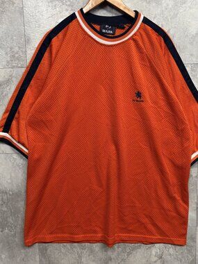 PJ Mark Mesh Jersey T Shirt Men's XXL Orange Navy Stripe Lion Logo Y2K